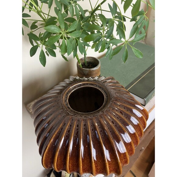 Unbranded Other - Vintage Brown Fluted Hexagon Ribbed Shaped Glazed Unique Retro Vase Planter